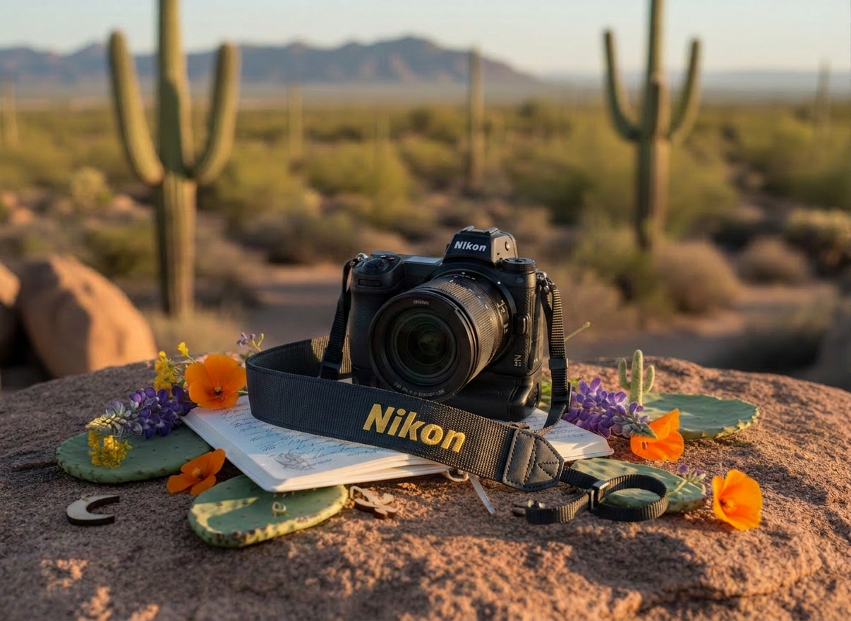 A sunlit Sonoran Desert scene with a sleek, matte white travel notebook open on a weathered sandstone boulder, its pages held down by a smooth turquoise stone and a brass pen. Around it, scattered desert wildflowers, prickly pear pads, and small hand-carved wooden charms suggest a life of intentional travel and handcrafted rituals. Late afternoon golden-hour light washes across the scene, creating long, elegant shadows and subtle highlights on the notebook’s edges. Photographed at eye level with a shallow depth of field, the distant saguaros and hazy mountains blur into a soft bokeh, giving the image a sophisticated, photographic realism perfect for a Southwest lifestyle blog hero banner.